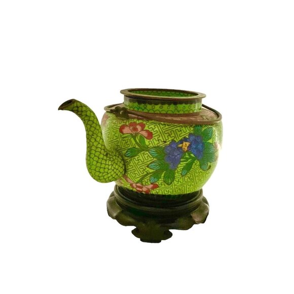 Teapot Brass Enamel Chinoiserie Design on Wood Base Vintage Oriental Decor